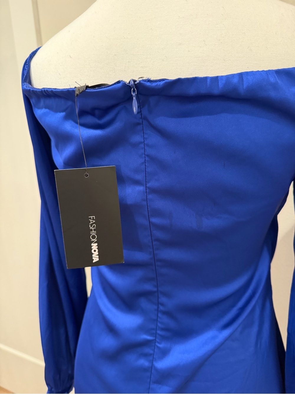 Fashion Nova Off Shoulder Cobalt Satin Wrap-Style Long Sleeve Dress - Picture 4 of 5
